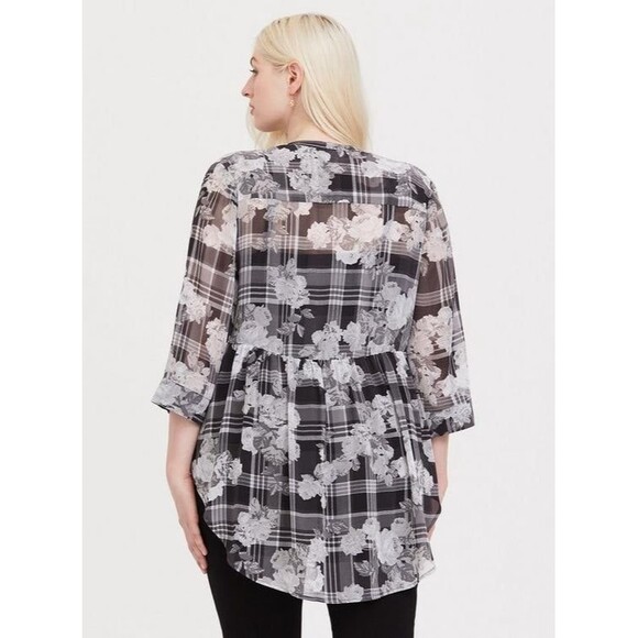 Torrid Emma Sheer Floral Plaid Chiffon Mandarin Collar Tunic Babydoll Blouse 1X - Picture 10 of 10